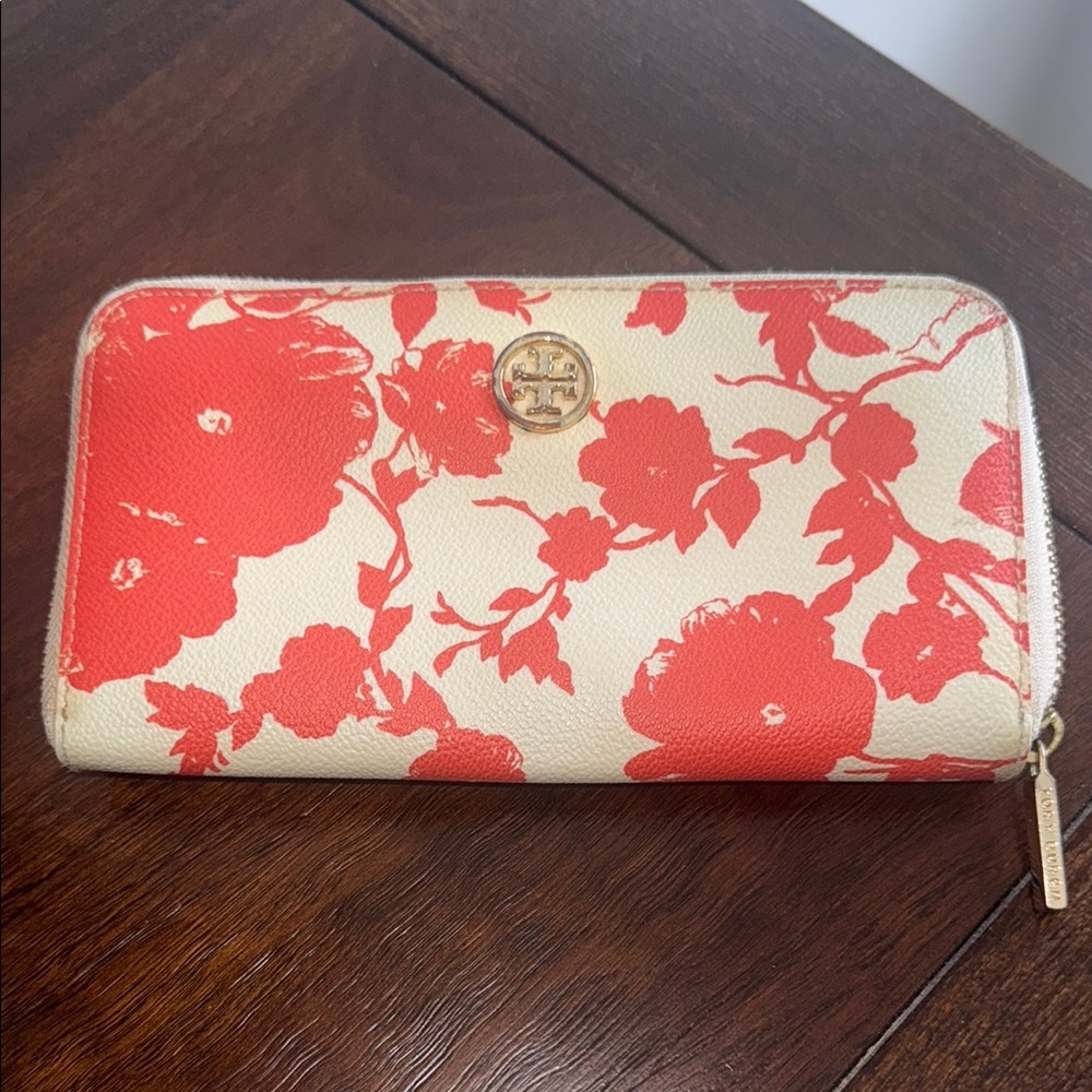 Tory Burch Orange and Cream Floral Wallet